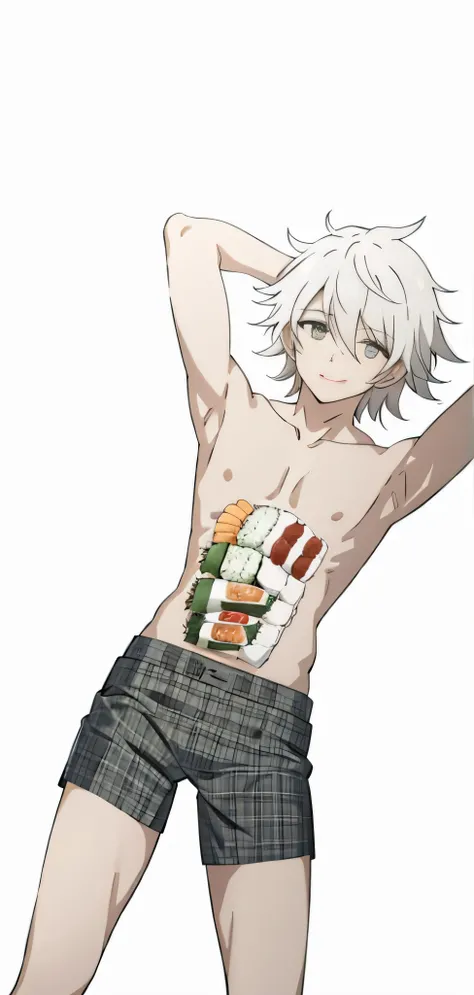 boy with snow-white disheveled hair and gray-green eyes, naked torso, gray checked PANTIES, FOR BODY SUSHI AND ROLLS, DINNER BACKGROUND, lies on the table, nice smile, NSWF