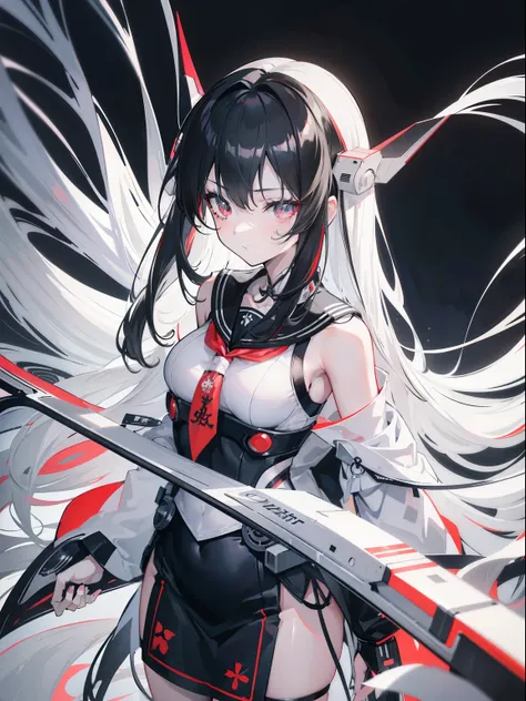 Anime girl with long, flowing gray-black hair and a striking black and white costume, best 4K anime wallpaper featuring Kantai Collection style, amalgamation of digital art prowess showcased on pixiv, masterpiece of anime art in 8K resolution, black hair a...