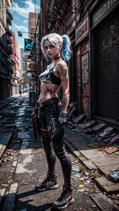 harley quin holding a shotgun, 64k highly detailed digital art, striking pose, gritty urban setting, graffiti wall, abandoned bu...