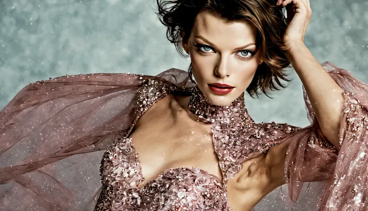 Anjo celestial,  extremamente bonita (milha Jovovich), (25 anos), vestido Rosa brilhante detalhado e olhos claros brilhantes, humano, asas imponentes, poderoso, cores muito brilhantes, light particles, com luz brilhante, Mshiff, Arte do papel de parede, Pa...