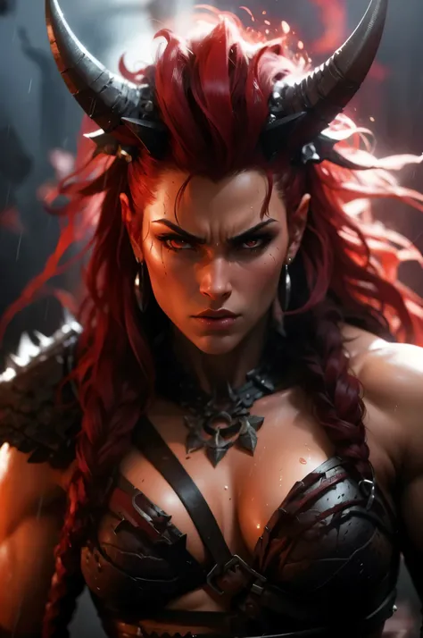 A hyper-realistic portrayal of an angry, tan, draconic female barbarian, designed in HD quality. Towering and intimidating, she boasts a powerful, broad-shouldered, thin-waisted, slim-hipped physique with defined abs, lean, toned muscles, and prominent vei...