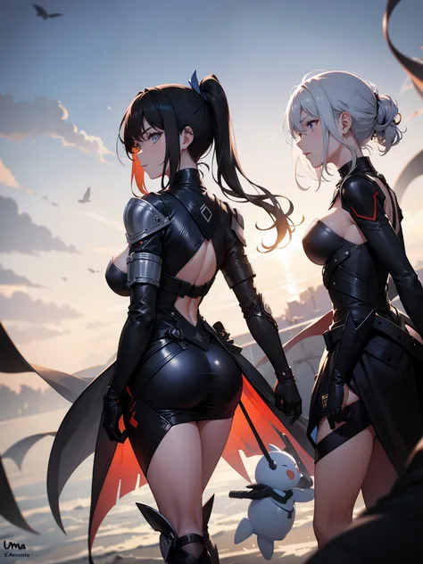 Two serious women wearing black technological dress in combat pose , uma mulher de longos cabelos negros contra uma mulher palida de cabelos  brancos longos, peitos grandes, seios grandes, buceta, bunda grande, two woman vs, seios grandes gigantes,  decote...