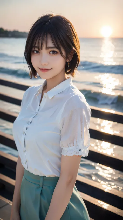 (highest quality,masterpiece:1.3,ultra high resolution),(Super detailed,caustics,8k),(photorealistic:1.4,RAW shooting),Japanese,28 years old,cute,Smiling and looking at the camera,Black hair fluttering in the wind,short hair,duck mouth,natural makeup,big ,...