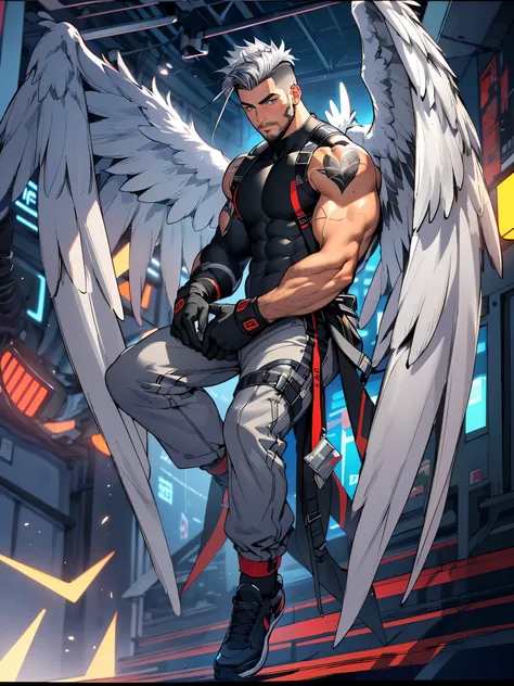 feathered black wings, silver hair, undercut, black gloves, winged toned male, eye focus, 1boy, (best quality, masterpiece, award winning, super detail, anatomically correct: 1.2), (casual clothes: 1.1), stubble, manly, hoddie,