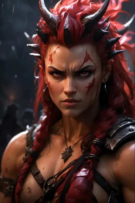 A hyper-realistic portrayal of an angry, tan, draconic female barbarian, designed in HD quality. Towering and intimidating, she boasts a powerful, broad-shouldered, thin-waisted, slim-hipped physique with defined abs, lean, toned muscles, and prominent vei...