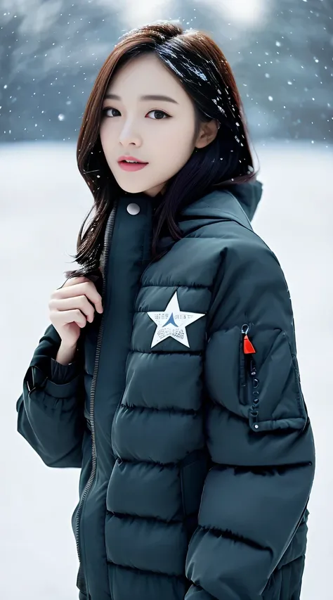 realistic photos of (1 cute Korean star) Shoulder-length hair, thin makeup, medium breasts size, (((black down jacket))), in the snow, clear facial features, 8K high resolution, sharp and realistic details.from outside, Eye-Level Shot, f/4.0, 135mm, Fujifi...