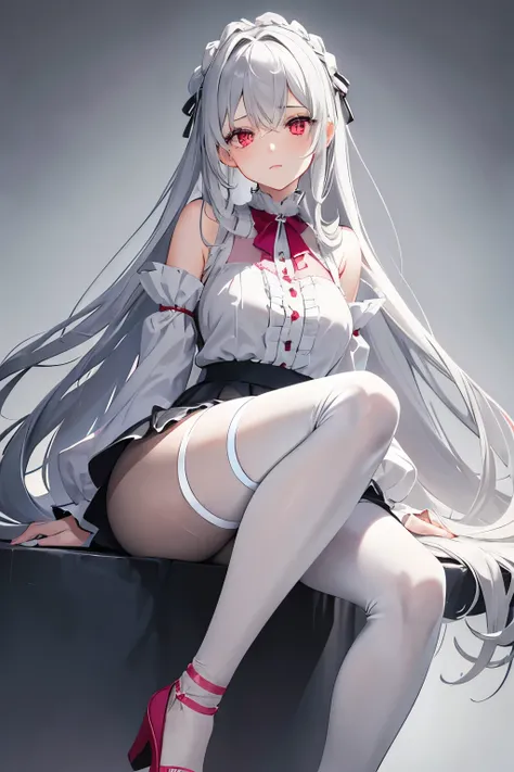 Young girl with long cascading silky silver-grey hair, cold red eyes, icy expression and aura, a white cotton blouse with delicate ruffles on the sleeves and collar. Her grey leggings hugged her slim legs perfectly, and her practical yet stylish shoes had ...