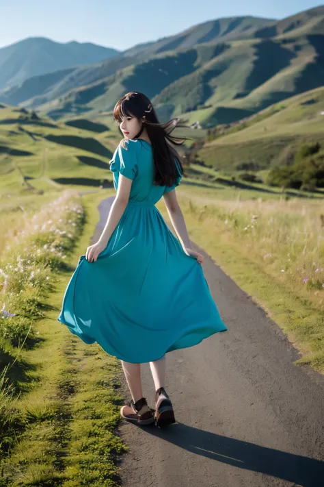 girl、Falling。wearing a blue dress、Her hair is golden and straight down to her waist.、my hair is blowing in the wind、Blue ribbon、Dad looks worried in the distance、A large amount of water fell from the sky、