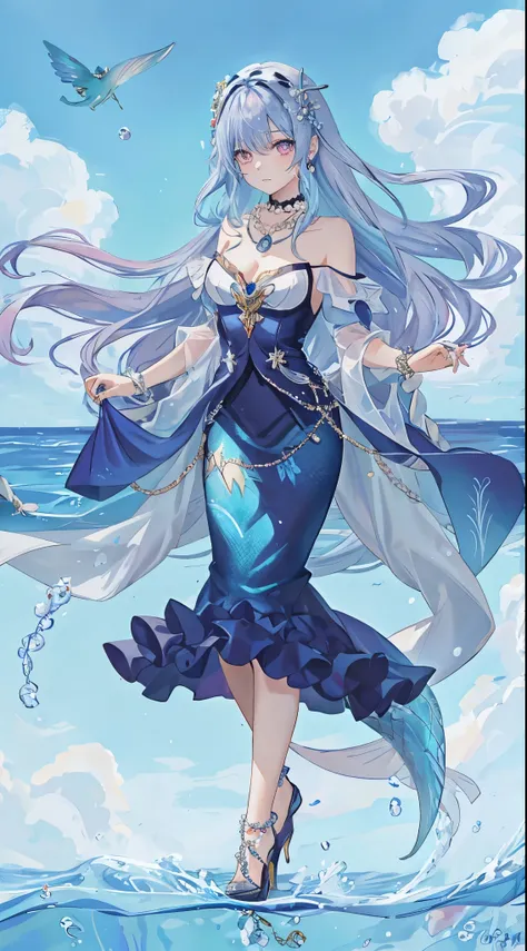 海long blue hair,close up,dream world,Mermaid girl, 海long blue hair,Nice pink eyes,underwater,tear nevus,Mermaid ears,(pearl head chain,necklace),necklace,Long off-the-shoulder blue dress,humanoid, Poseidon temple background, her skin is white, fair complex...