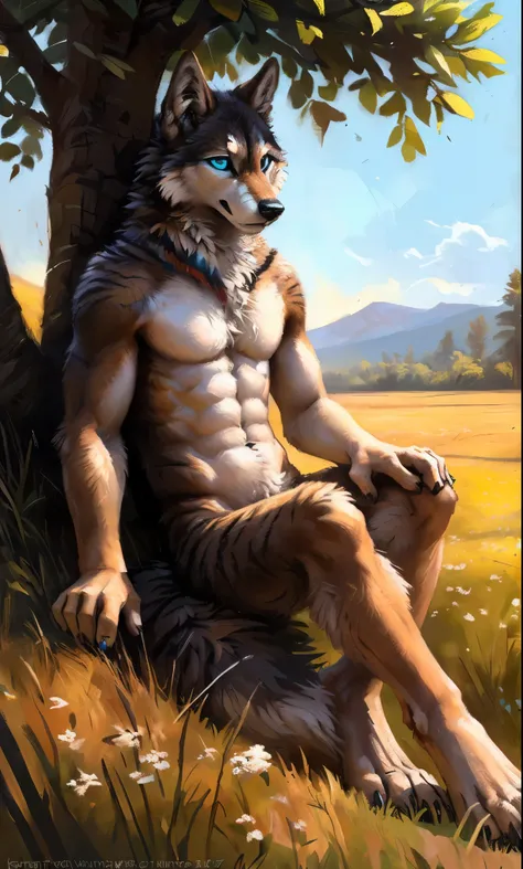 ((Solo)), male people, anthro wolf, (Multi-colored fur, White-brown:1.3，White tail pointed), (Height 2.1m,Tail length 1.5m), ((Wolf face, Big eyes, White eyelids, Blue pupil, Slim:1.2) (Tough, Calm expression:1.2)), Abs, Slim, pinging)), (Correct anatomy),...