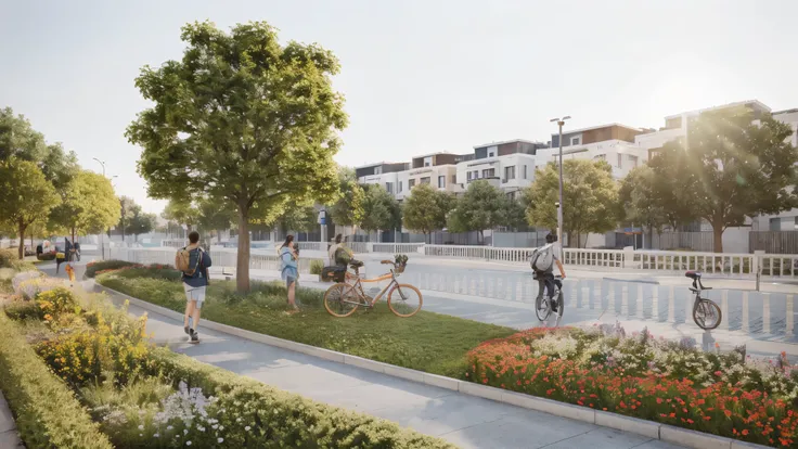 there are people walking and riding bikes on the sidewalk, photo from 2022, professional render, hyper - realistic render, hyper-realistic render, high-quality render, beautiful image, cycles4d render, highly detailed render, photorealistic streetscape, cy...