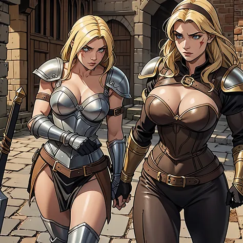 2 women, medieval rogues, lovers, blonde and brunette, igilant, ready for battle, big breasts, cleavage, scar on the face, muscles, intricate leather armor, medieval streets in the background