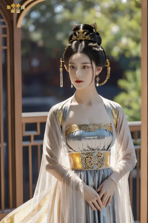 1 girl, alone, masterpiece, Gorgeous metal style，Extreme details, Hair 1 Yun Bing,short hair,发bun,Large hair,hair standing on end,bun, delicate eyes, metal crown，Decorated with ornate stripes, flowing hair, details on face, Clothes made of silver, gold lac...