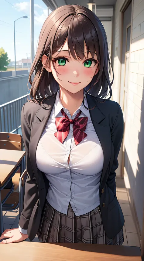 ((table top, highest quality, High resolution, perfect pixel, written boundary depth, 8K)), 1 girl, high school student, beautiful girl, ((brown hair, curly hair:0.8)), ((green eyes:1.4, beautiful eyelashes, realistic eyes)), ((detailed face, blush:1.2)), ...