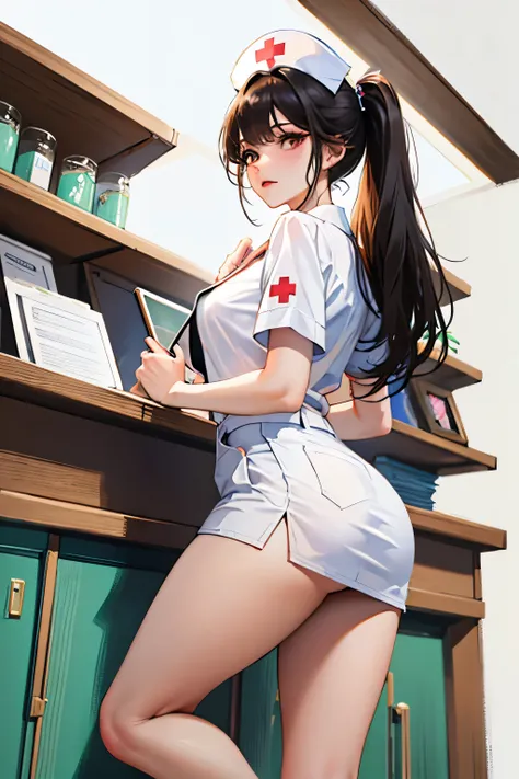 ((((masterpiece)))), ((((very detailed)))),[[[realistic art]]], beautiful girl, thin,small breasts, ((((bangs)))), ((1 girl)),alone,((looking far away)), [Expressionless], medium hair, short ponytail,(((nurse))),short sleeve, (((nurses cap))), white pantie...