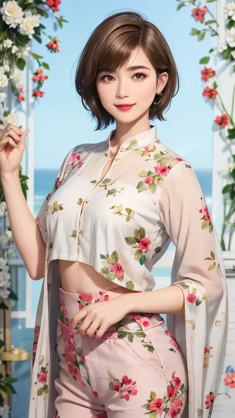 149
(20 year old woman,floral print outfit,pants), (Super realistic), (high resolution), ((beautiful hairstyle 46)), ((short hair:1.46)), (gentle smile), (brest:1.1), (lipstick)
