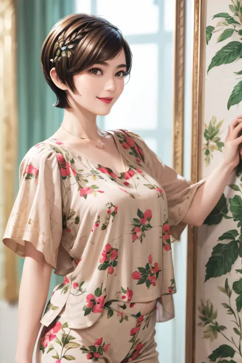 149
(20 year old woman,floral print outfit,pants), (Super realistic), (high resolution), ((beautiful hairstyle 46)), ((short hair:1.46)), (gentle smile), (brest:1.1), (lipstick)
