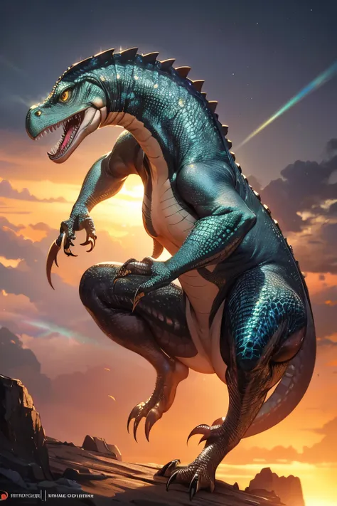 A Chirosaurus dinosaur depicted in 3D art, with intricate detailing showcasing its unique features. The light perception system of this prehistoric creature is beautifully highlighted, bringing the image to life with a vibrant and captivating presence. The...