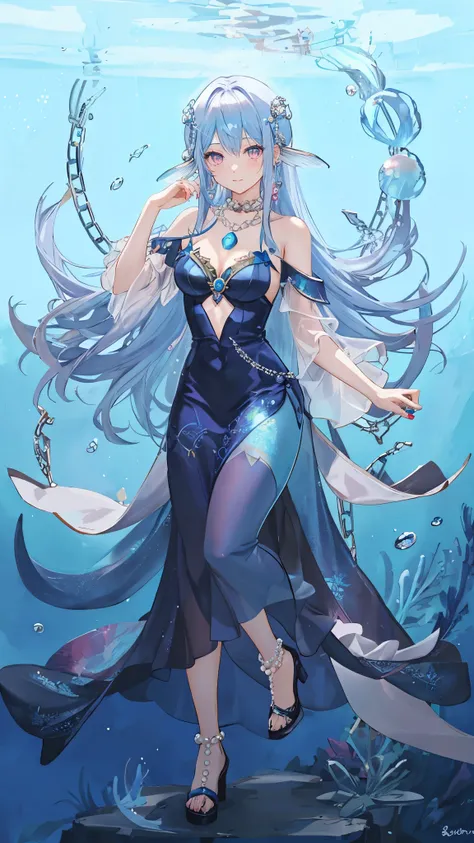 海long blue hair,close up,dream world,Mermaid girl, 海long blue hair,Nice pink eyes,underwater,tear nevus,Mermaid ears,(pearl head chain,necklace),necklace,Long off-the-shoulder blue dress,humanoid, Poseidon temple background, her skin is white, fair complex...