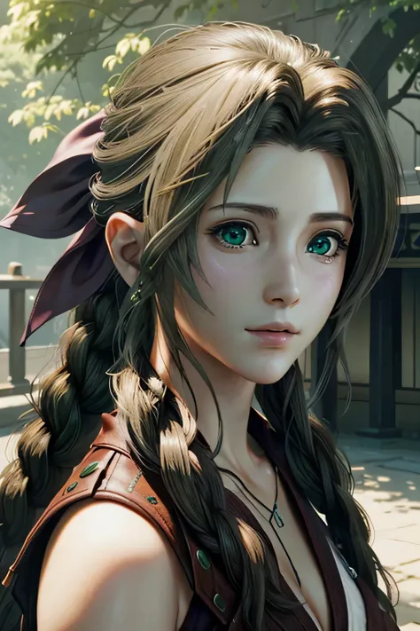 ((ultra detailed, masterpiece, best quality))
 ff7aerith, 1girl, solo, single braid, green eyes, brown hair, portrait