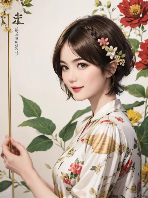 149
(20 year old woman,floral print outfit,pants), (Super realistic), (high resolution), ((beautiful hairstyle 46)), ((short hair:1.46)), (gentle smile), (brest:1.1), (lipstick)
