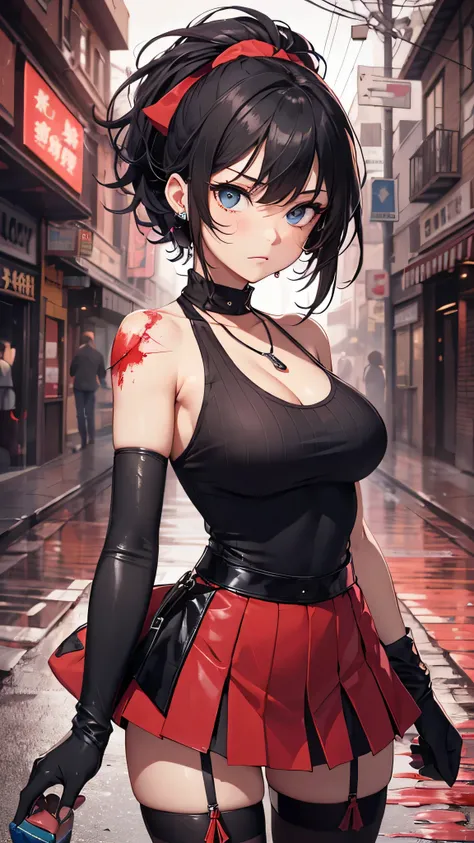 最high quality、best image quality、masterpiece、teenage girl((18-year-old、 By becoming、vest bust、medium bust,wide open breast tea、black eye, black hair、shortcut、short hair、thin,highest valley、Perforated gloves、Hachimaki、My whole body is full of scars、black ta...