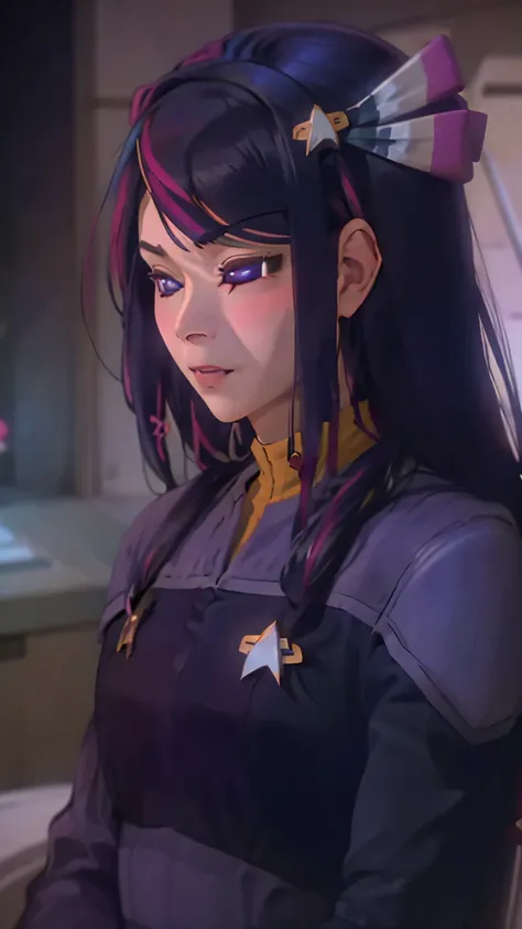 hoshino ai, long hair, purple hair, streaked hair ,purple eyes, star-shaped pupils, hair ornament, ds9st uniform