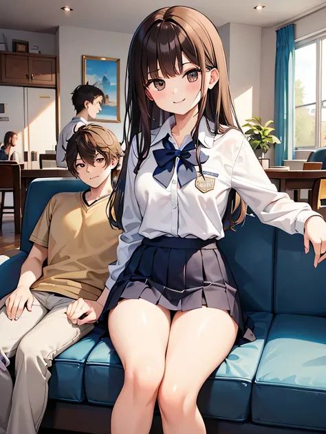 (1) a couple is sitting on a sofa.
(2) The woman is a high school girl with brown hair and wearing a miniskirt.。.
(3) the man wears normal clothes.
(4) both are laughing.
(5) The location is the sofa in the living room of the apartment..