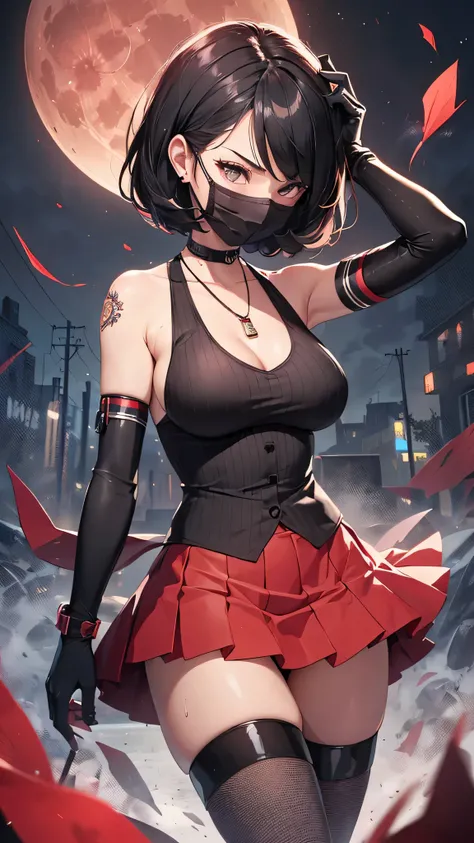 最high quality、best image quality、masterpiece、teenage girl((18-year-old、 By becoming、vest bust、medium bust,wide open breast tea、black eye, black hair、shortcut、short hair、thin,highest valley、Perforated gloves、Hachimaki、My whole body is full of scars、black ta...