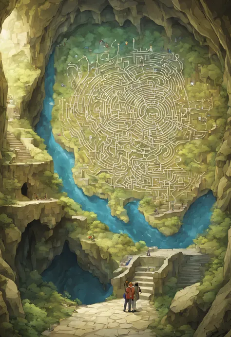 A map posted on the wall at the entrance to an underground cave., incredibly complex underground, like a maze, The map is too complicated to memorize, fantasy, anime