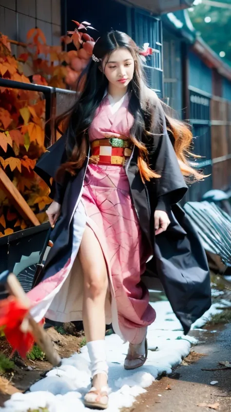 anime girl in kimono outfit walking through snow with axe, nezuko, nezuko-chan, shuushuu anime image, flowing hair and long robes, onmyoji, by Jin Homura, demon slayer artstyle, demon slayer rui fanart, anime wallaper, kimetsu no yaiba, full body wuxia, am...