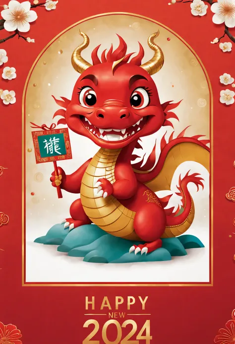 new year cover&#39;Greeting red envelope with a cute cartoon Chinese dragon holding a sign，It says &Quote;Happy New Year 2024&Quote;