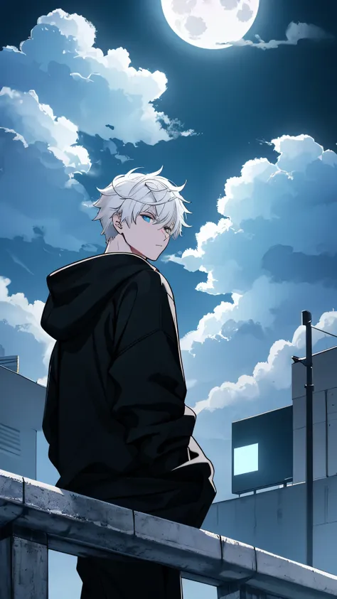 A white hair boy in a black hoodie staring back at the screen at a full moon in the clouds