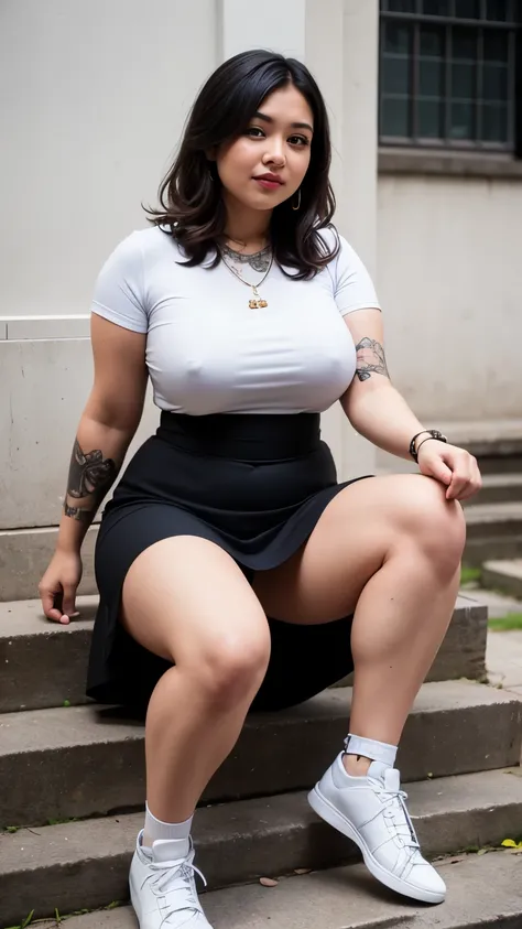 ((best quality)), ((masterpiece)), (detailed), perfect face, ((best quality)), ((masterpiece)), (detailed), perfect face, wanita chubby dewasa, wearing thight dress and thight skirt, chubby cheeks, chubby arm, chubby thighs, big breasts, wearing a sneakers...