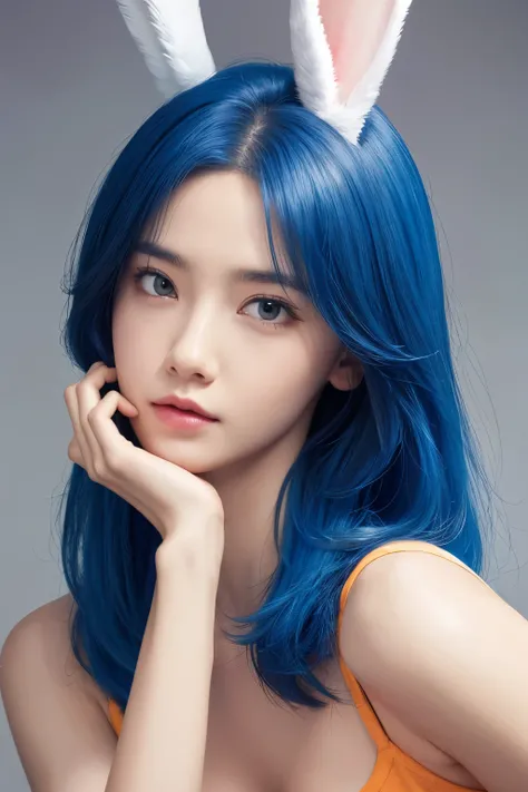 masterpiece, best quality, 1 boy, male focus, animal ears, alone, blue hair, colorful hair, Rabbit ears, bicolor hair, mole, white hair, Chinese clothes, Upper body, simple background, brown eyes, orange eyes, mole under mouth, hand on own chin, looking at...