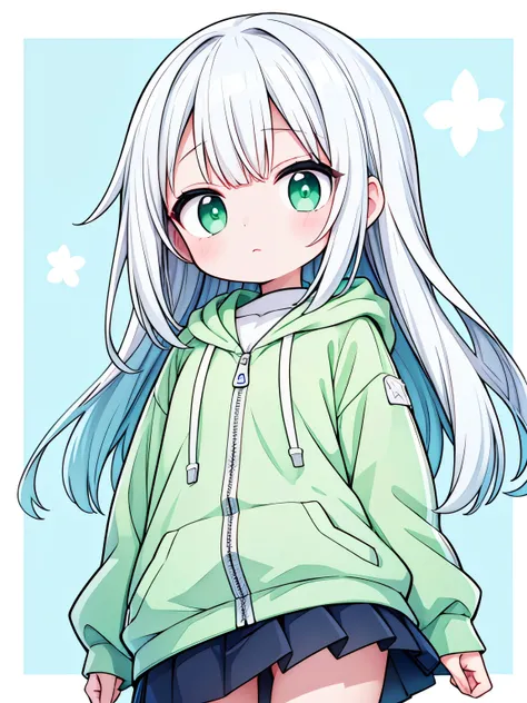 Shorty anime  girl, with light white skin, wearing a pastel green hooded dinosaur jacket, have a white hair with bangs, has a cute face and looks shy.