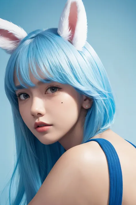 masterpiece, best quality, 1 boy, male focus, animal ears, alone, blue hair, colorful hair, Rabbit ears, bicolor hair, mole, white hair, Chinese clothes, Upper body, simple background, brown eyes, orange eyes, mole under mouth, hand on own chin, looking at...