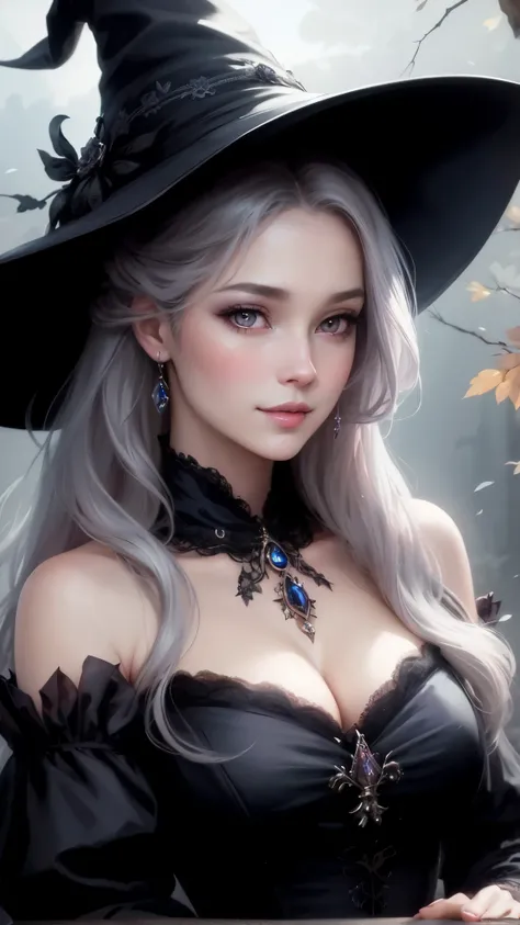 high quality, 8K Ultra HD, paintings with a Victoria Frances-like atmosphere, Detailed illustration of a fantastic beautiful witch, paintings with a mysterious touch, by yukisakura, awesome full color, little smile, (pink lips), blush on face, (blush), ((s...