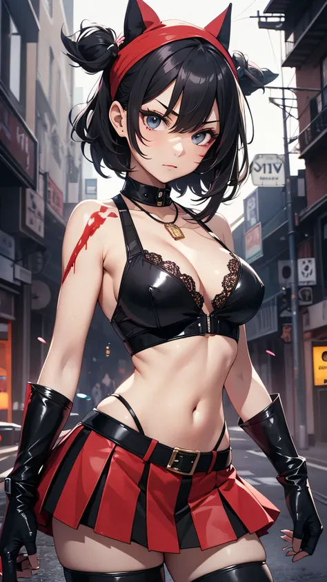 最high quality、best image quality、masterpiece、teenage girl((18-year-old、 By becoming、vest bust、medium bust,wide open breast tea、black eye, black hair、shortcut、short hair、thin,highest valley、Perforated gloves、Hachimaki、My whole body is full of scars、black ta...