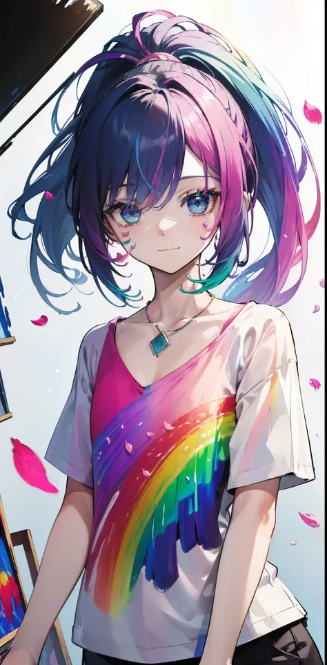 (Pink Fashion T-shirt: 1.9),(Colored hair: 1.8), (all colors of the rainbow: 1.8),(((((vertical painting:1.6))), (painting:1.6),front, comic , Illustrations, paintings, big eyes, crystal clear eyes,(Color gradient rainbow high ponytail:1.7), exquisite make...