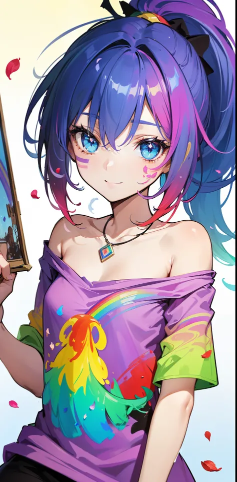 (Pink Fashion T-shirt: 1.9),(Colored hair: 1.8), (all colors of the rainbow: 1.8),(((((vertical painting:1.6))), (painting:1.6),front, comic , Illustrations, paintings, big eyes, crystal clear eyes,(Color gradient rainbow high ponytail:1.7), exquisite make...