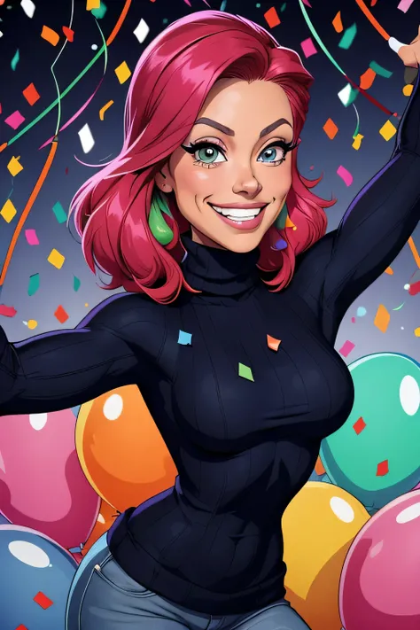 (cartoon style:1.2),  drawing of ([Jessica Chastain|Kelly Ripa|Mila Kunis]), wearing baggy turtleneck sweater, big grin, perfect eyes, detailed face, party background, fun pose, flirty look, confetti, balloons