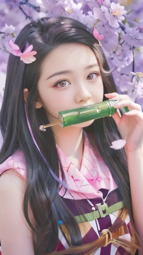 anime girl with a green bottle in her mouth and a bird on her hand, nezuko-chan, anime visual of a cute girl, soft anime illustration, nezuko, kawaii realistic portrait, artwork in the style of guweiz, digital anime illustration, clean detailed anime art, ...