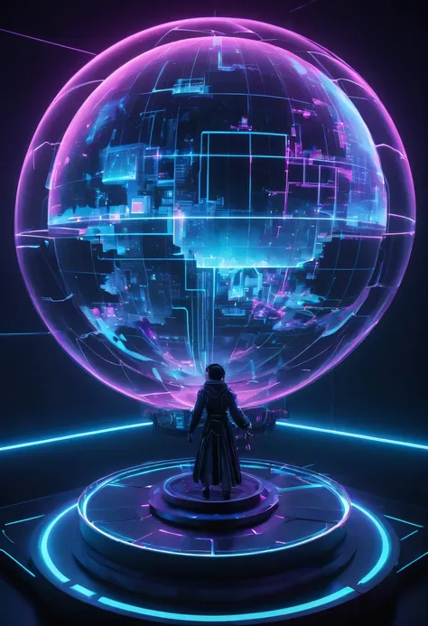 未来派transparent空灵地图，3D map，Holographic projection，spherical，transparent，cyberpunk，X-ray，fluorescence，neon lights，high tech，