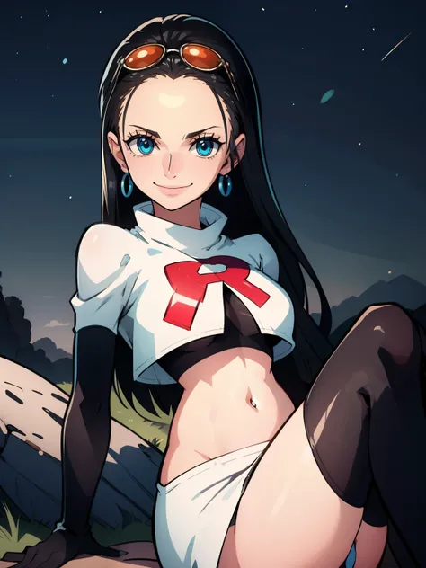 nico robin, long hair, (black hair:1.5), (forehead:1.2), blue eyes ,earrings, glossy lips ,team rocket uniform, red letter R, white skirt,white crop top,black thigh-high boots, black elbow gloves, evil smile,  sitting down ,legs crossed, night sky backgrou...