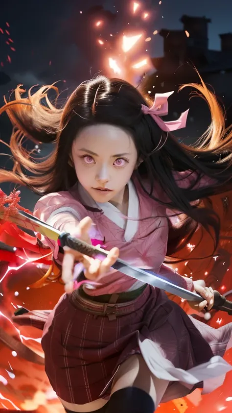 a girl in a pink outfit is holding a sword in her hand, nezuko, nezuko-chan, demon slayer rui fanart, demon slayer artstyle, official anime artwork, official art, official artwork, demon slayer, ayaka genshin impact, tanjiro kamado, kimetsu no yaiba, anime...