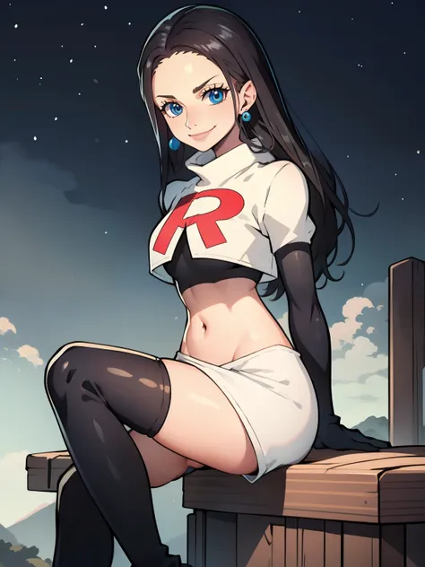 nico robin, long hair, (black hair:1.5), (forehead:1.2), blue eyes ,earrings, glossy lips ,team rocket uniform, red letter r, wh...