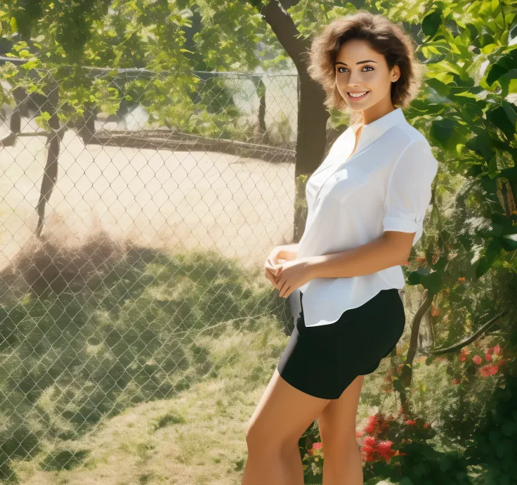 Here is a woman standing, vestindo shorts escuros e blusa branca. In the background a zoo, a peacock in the background. Mulher brasileira na casa dos 30 anos, pernas grossas, lindas pernas, legs visible, pernas elegantes, pernas cheias, Imagem de corpo int...