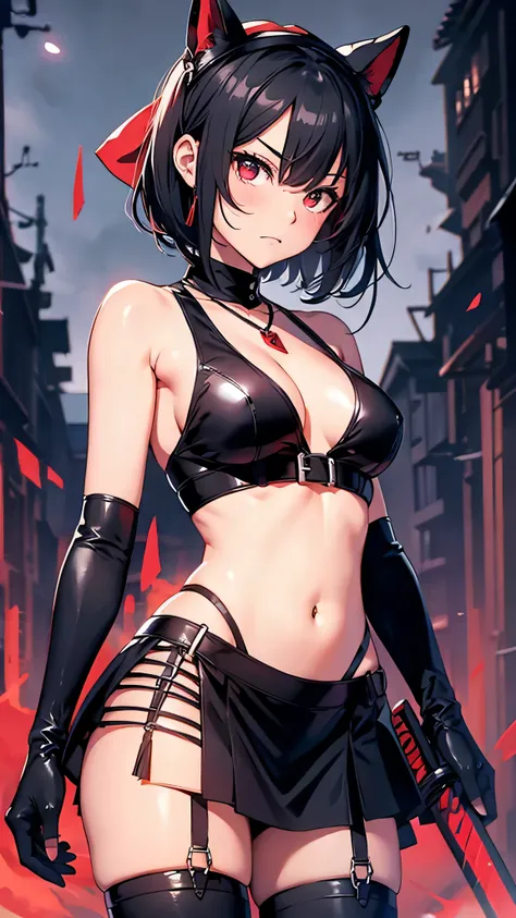 最high quality、best image quality、masterpiece、teenage girl((18-year-old、 By becoming、vest bust、medium bust,wide open breast tea、black eye, black hair、shortcut、short hair、thin,highest valley、Perforated gloves、Hachimaki、My whole body is full of scars、black ta...