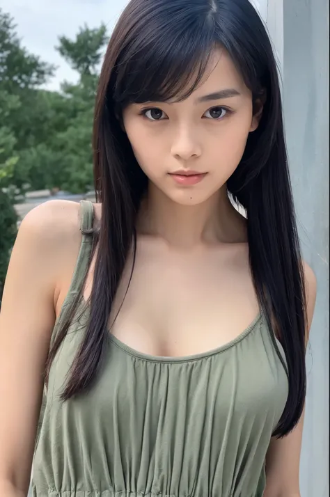 A Japanese lady, skinny figure, small breasts, extremely thin waist, beautiful face, beautiful eyes, natural make up, black long hair, wearing a swimsuit, standing at pool side, looking longingly at a viewer, 1girl in, solo, detailed face and eyes, detaile...